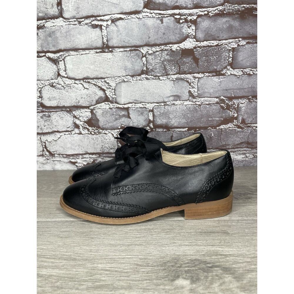 San Marina Black Leather Wingtip Oxfords Ribbon Lace Shoes Women Sz 37EU/6.5M US
